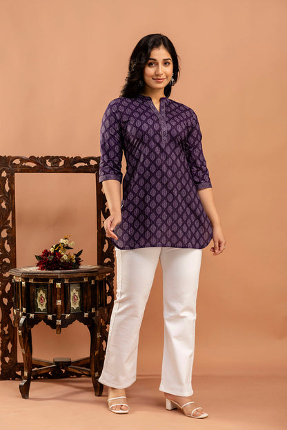 Purple Printed Straight Tunic With Three Quarter Sleeves