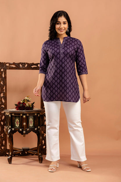 Purple Printed Straight Tunic With Three Quarter Sleeves