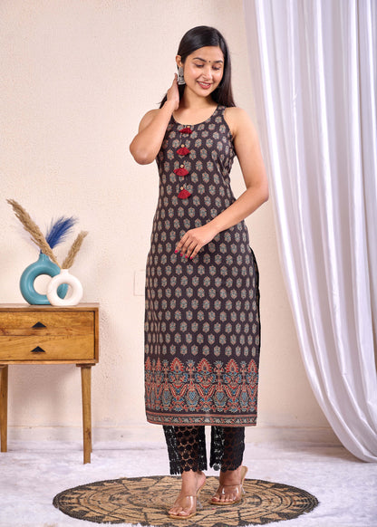 Black Printed Straight Sleeveless Kurta