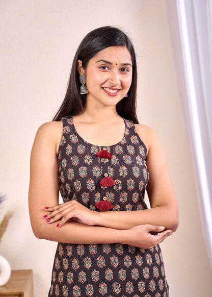 Black Printed Straight Sleeveless Kurta
