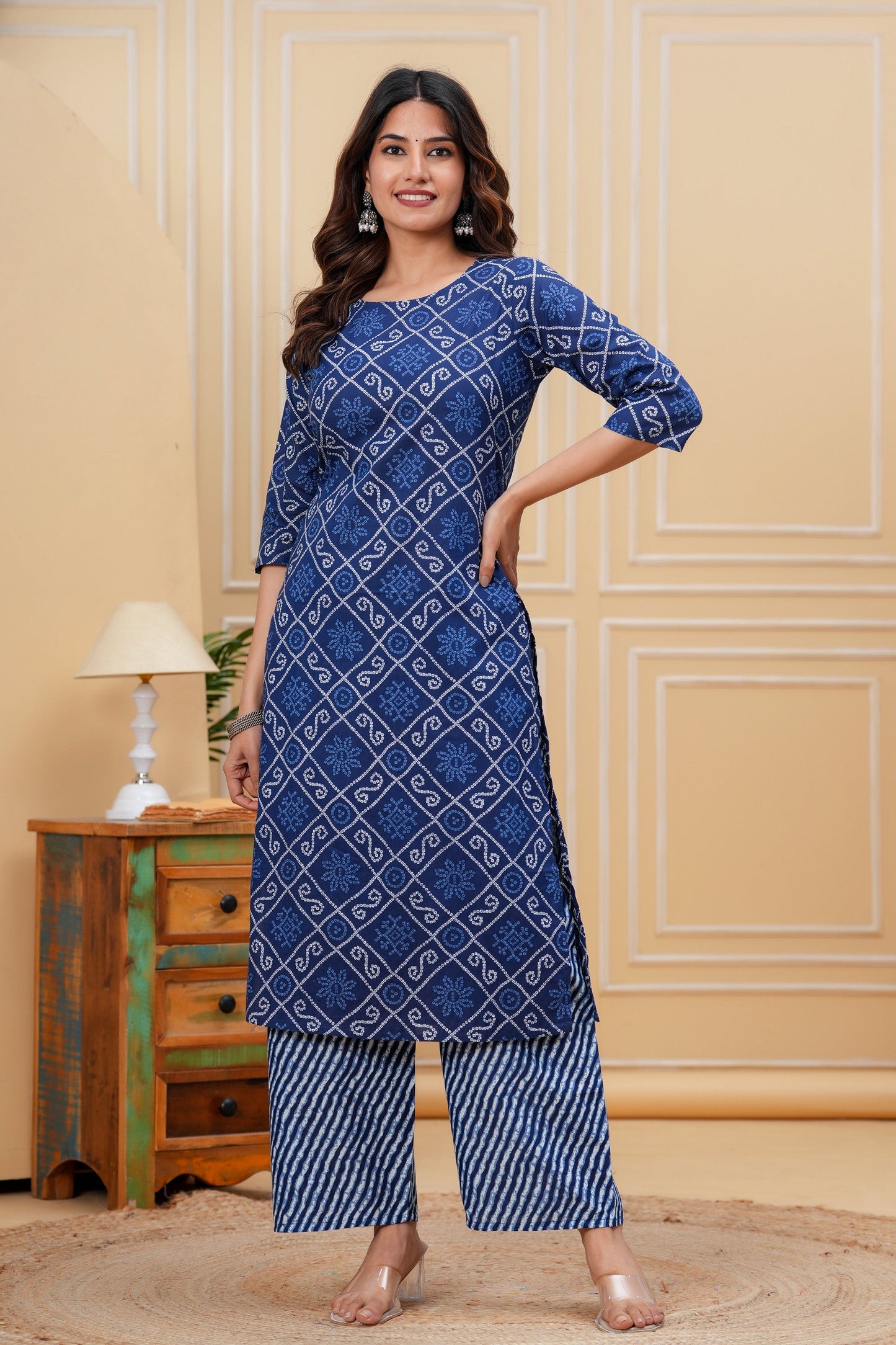 Blue Printed Straight Kurta With Palazzo