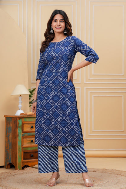 Blue Printed Straight Kurta With Palazzo