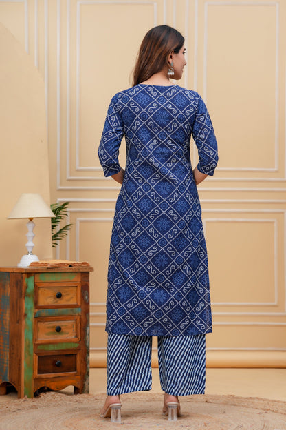 Blue Printed Straight Kurta With Palazzo