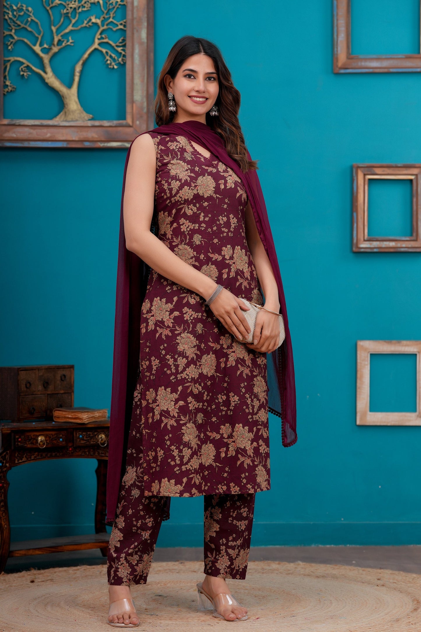 Burgundy Printed Straight Kurta Set With Dupatta