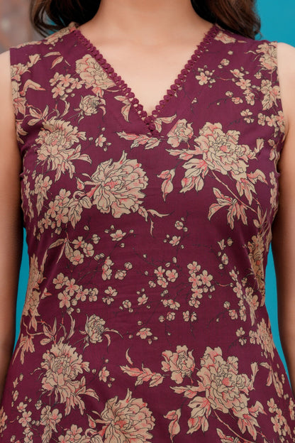 Burgundy Printed Straight Kurta Set With Dupatta