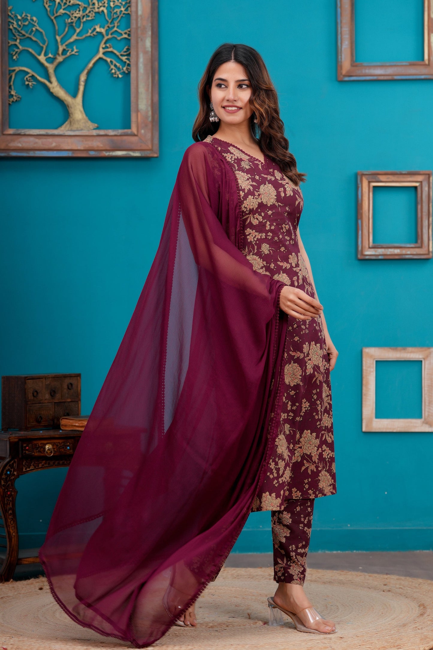 Burgundy Printed Straight Kurta Set With Dupatta