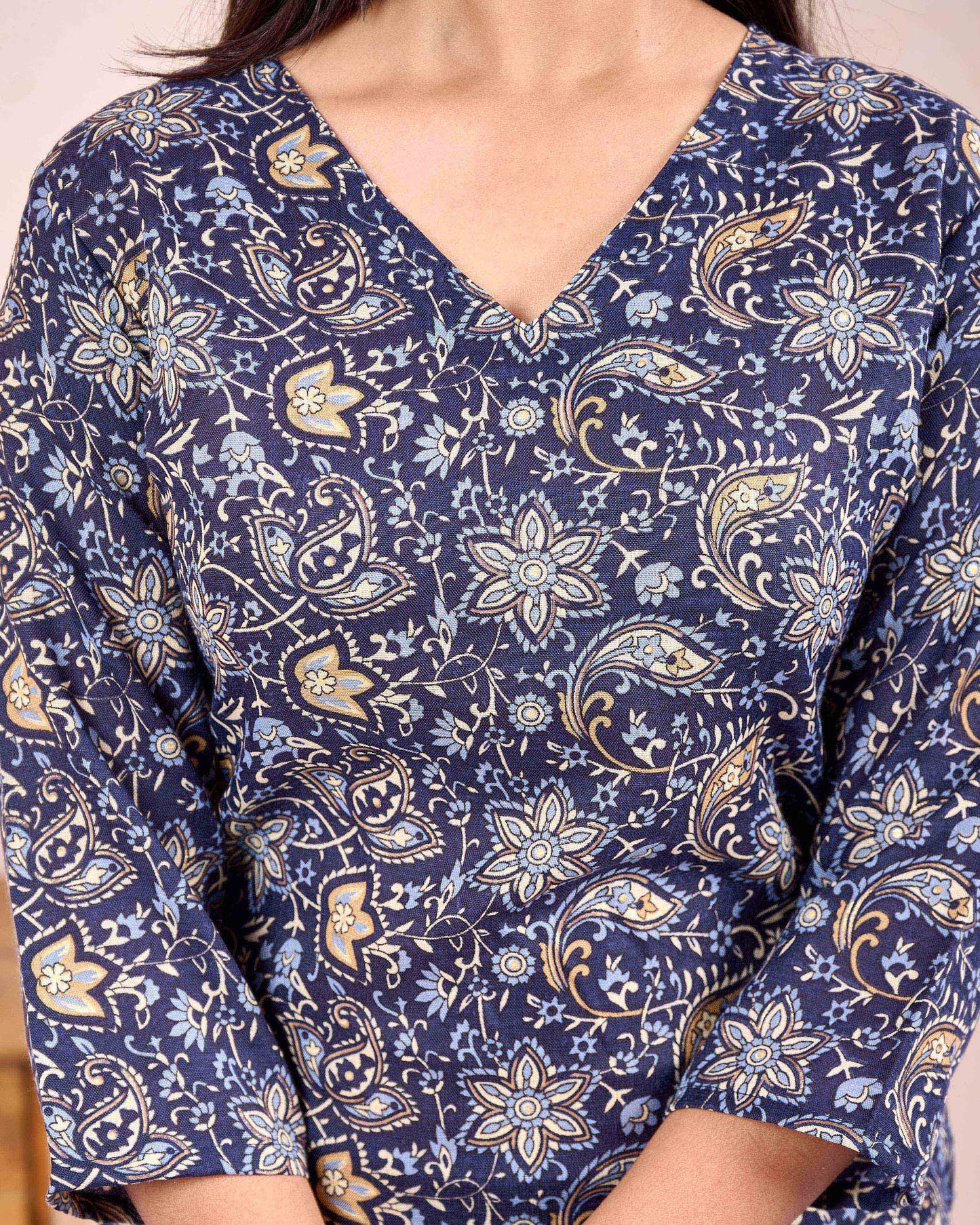 Navy Blue Printed Straight Kurta Set With Dupatta
