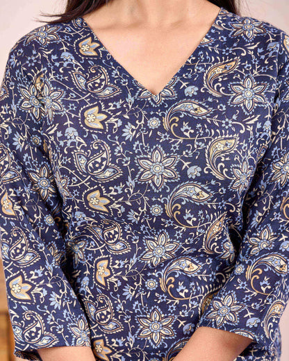 Navy Blue Printed Straight Kurta Set With Dupatta