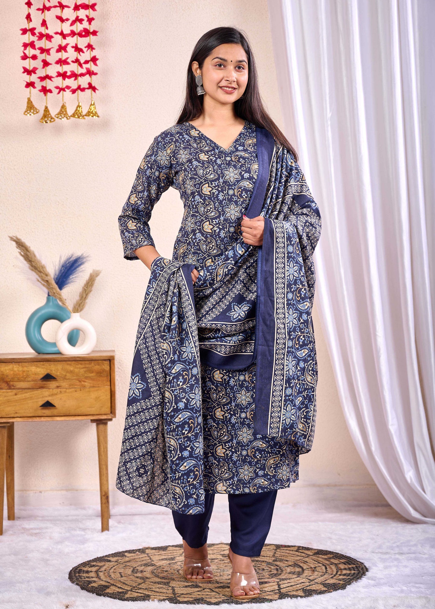 Navy Blue Printed Straight Kurta Set With Dupatta