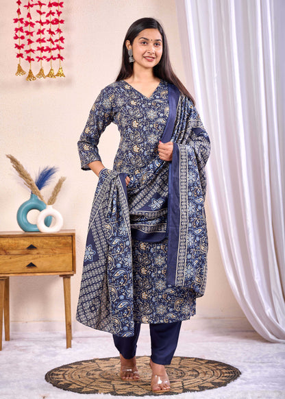 Navy Blue Printed Straight Kurta Set With Dupatta