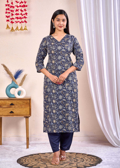 Navy Blue Printed Straight Kurta Set With Dupatta