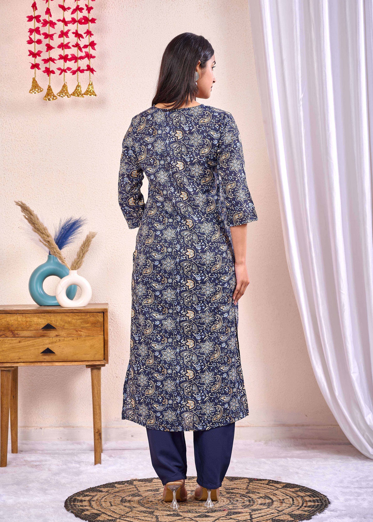 Navy Blue Printed Straight Kurta Set With Dupatta