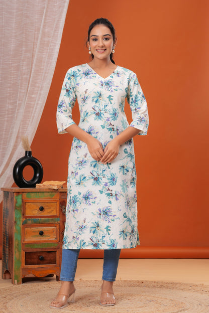 Off White Printed Straight Kurta with Three Quarter Sleeves