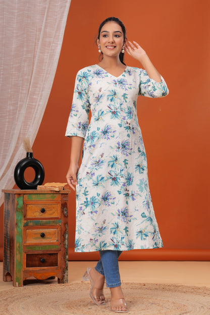 Off White Printed Straight Kurta with Three Quarter Sleeves