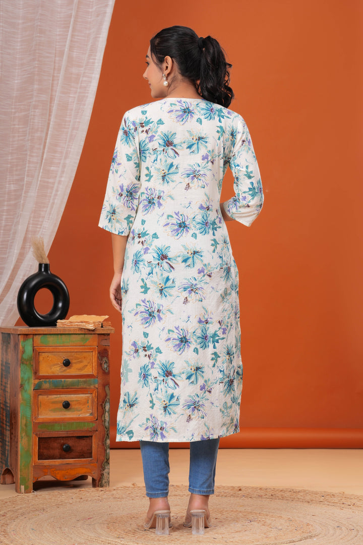 Off White Printed Straight Kurta with Three Quarter Sleeves