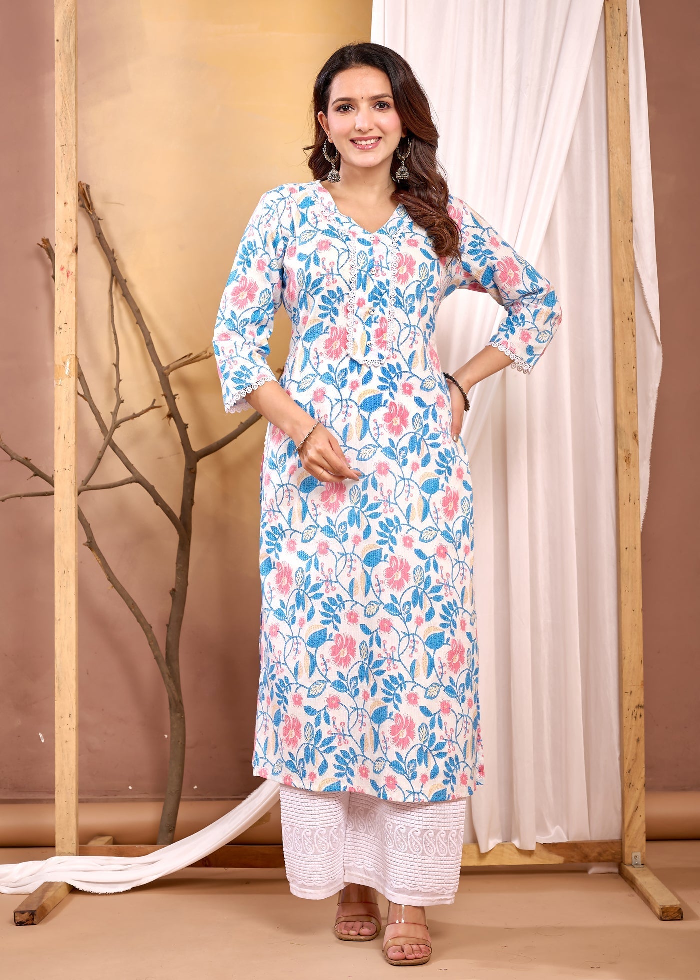 Off White Printed Straight Kurta with Three Quarter Sleeves