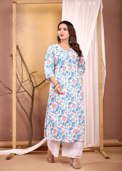 Off White Printed Straight Kurta with Three Quarter Sleeves