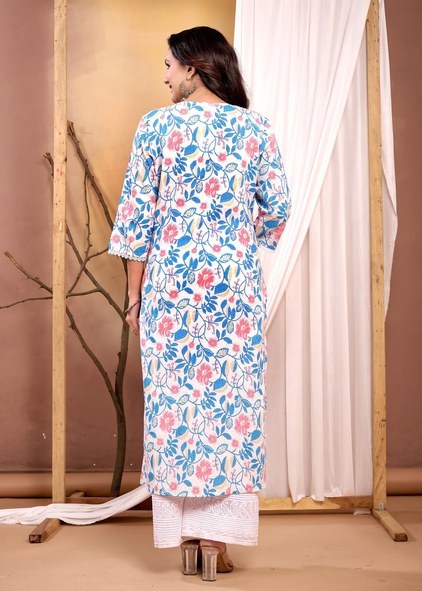 Off White Printed Straight Kurta with Three Quarter Sleeves