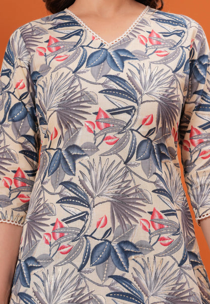 Off White Printed Straight Kurta with Three Quarter Sleeves