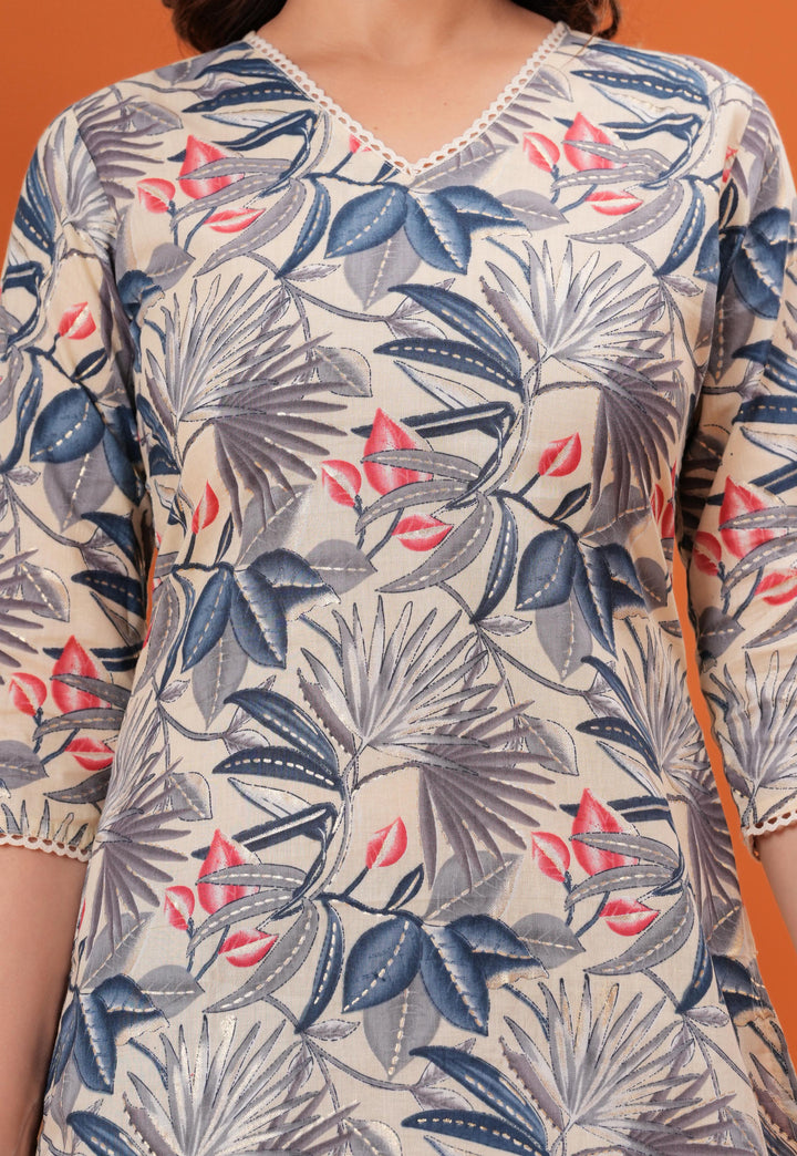 Off White Printed Straight Kurta with Three Quarter Sleeves