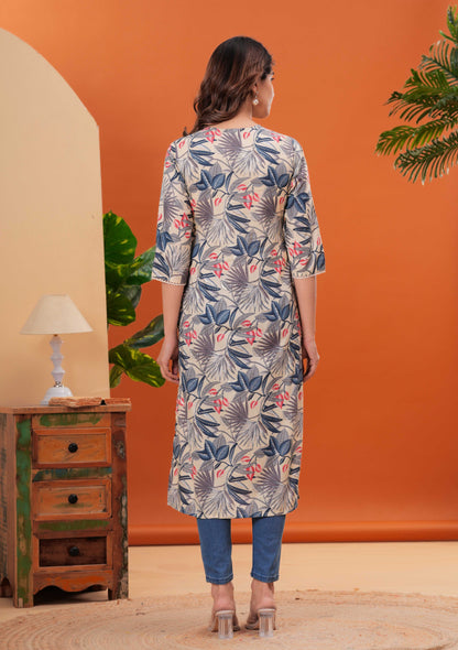 Off White Printed Straight Kurta with Three Quarter Sleeves