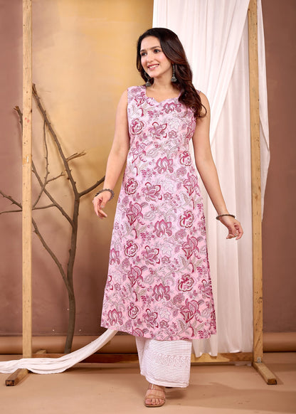 Pink Floral Printed Straight Sleeveless Kurta