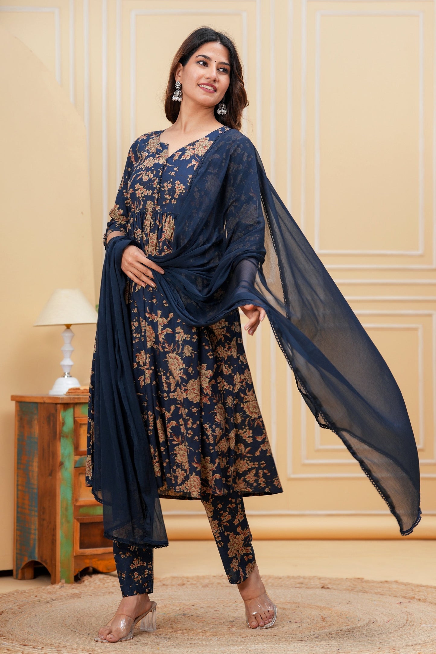 Navy Blue Printed Anarkali Kurta Set With Dupatta