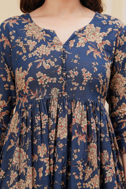 Navy Blue Printed Anarkali Kurta Set With Dupatta