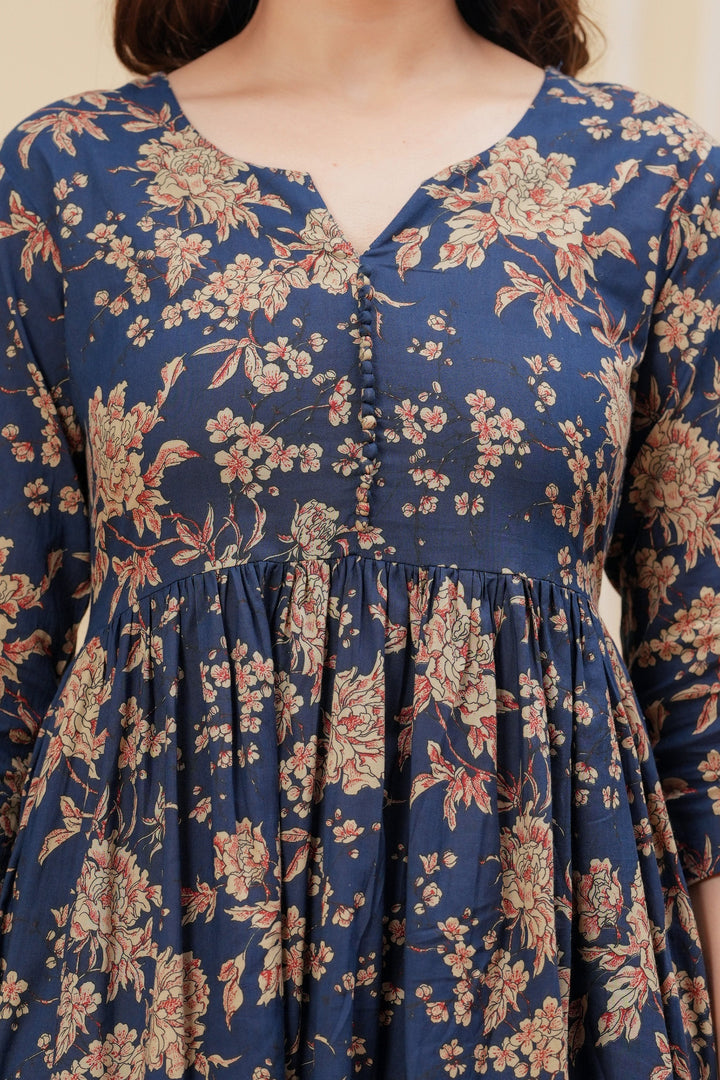 Navy Blue Printed Anarkali Kurta Set With Dupatta
