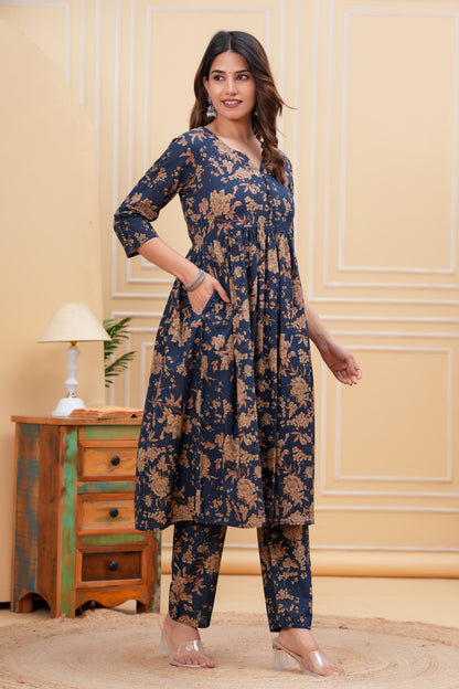 Navy Blue Printed Anarkali Kurta Set With Dupatta