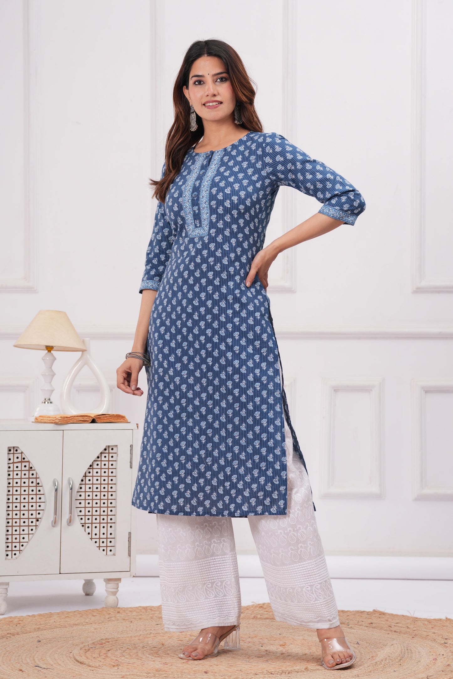 Blue Printed Straight Kurta with Three Quarter Sleeves