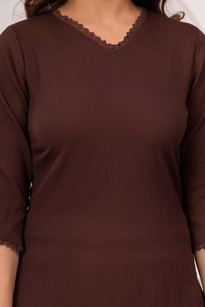 Brown Solid Kurta Set With Printed Dupatta