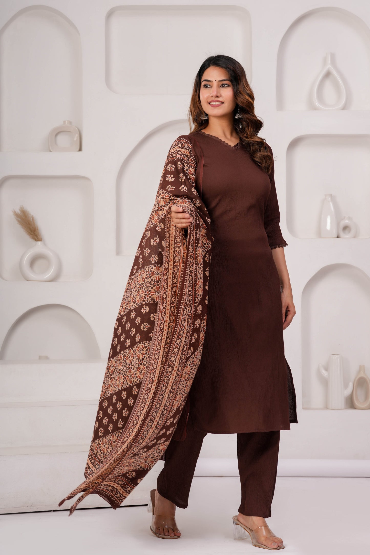 Brown Solid Kurta Set With Printed Dupatta
