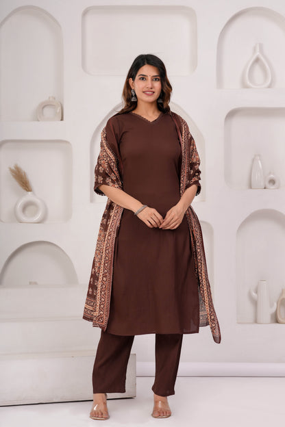 Brown Solid Kurta Set With Printed Dupatta
