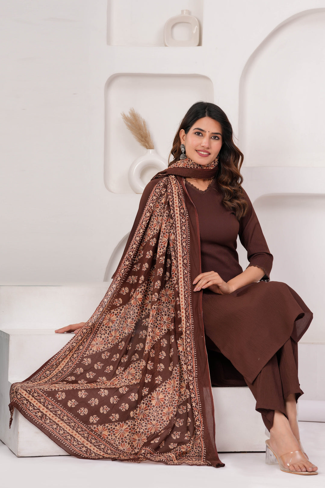 Brown Solid Kurta Set With Printed Dupatta