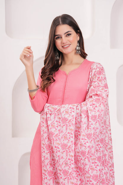 Pink Solid Kurta Set With Printed Dupatta
