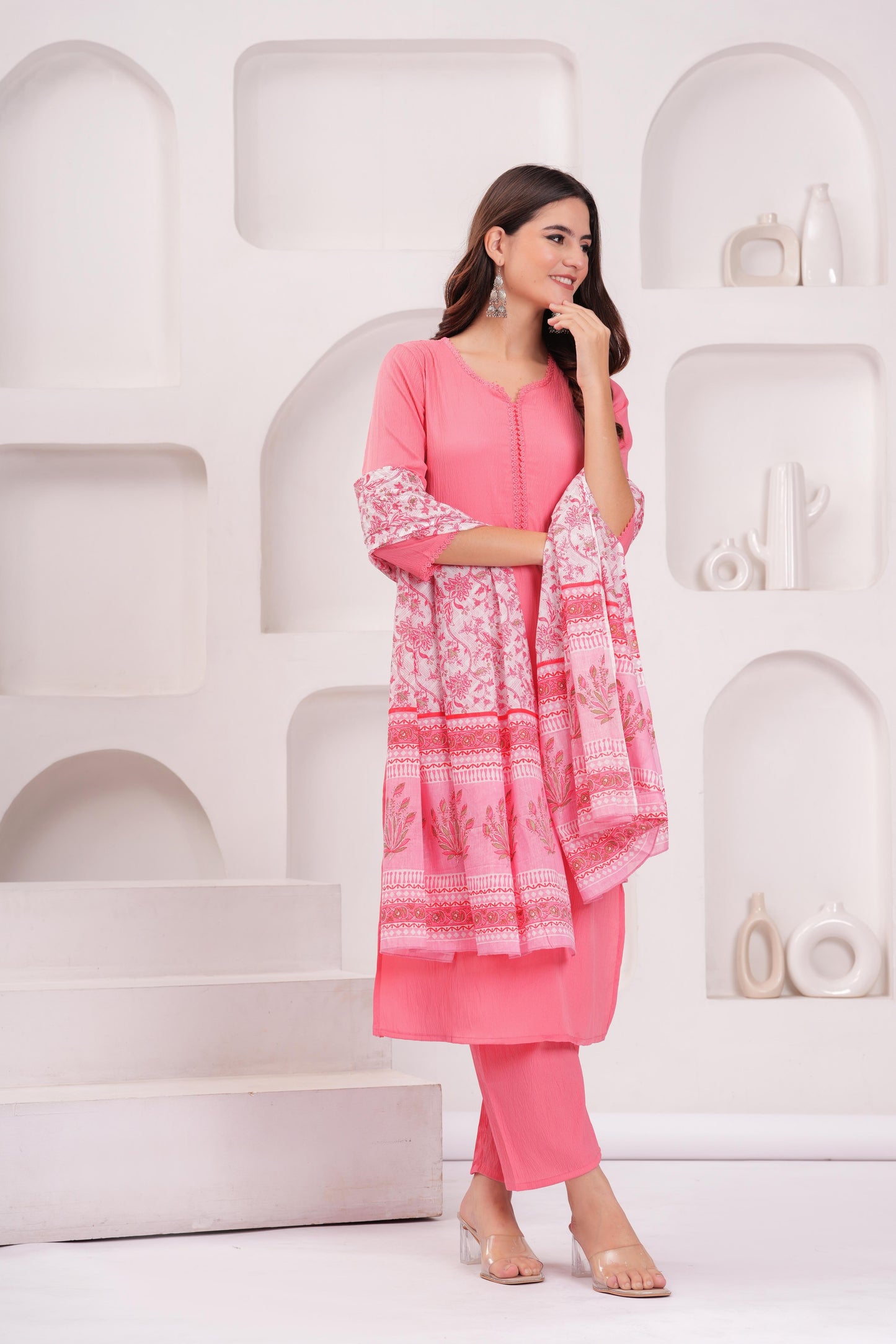 Pink Solid Kurta Set With Printed Dupatta