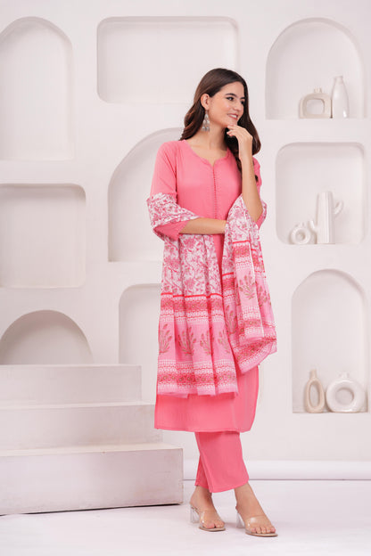 Pink Solid Kurta Set With Printed Dupatta