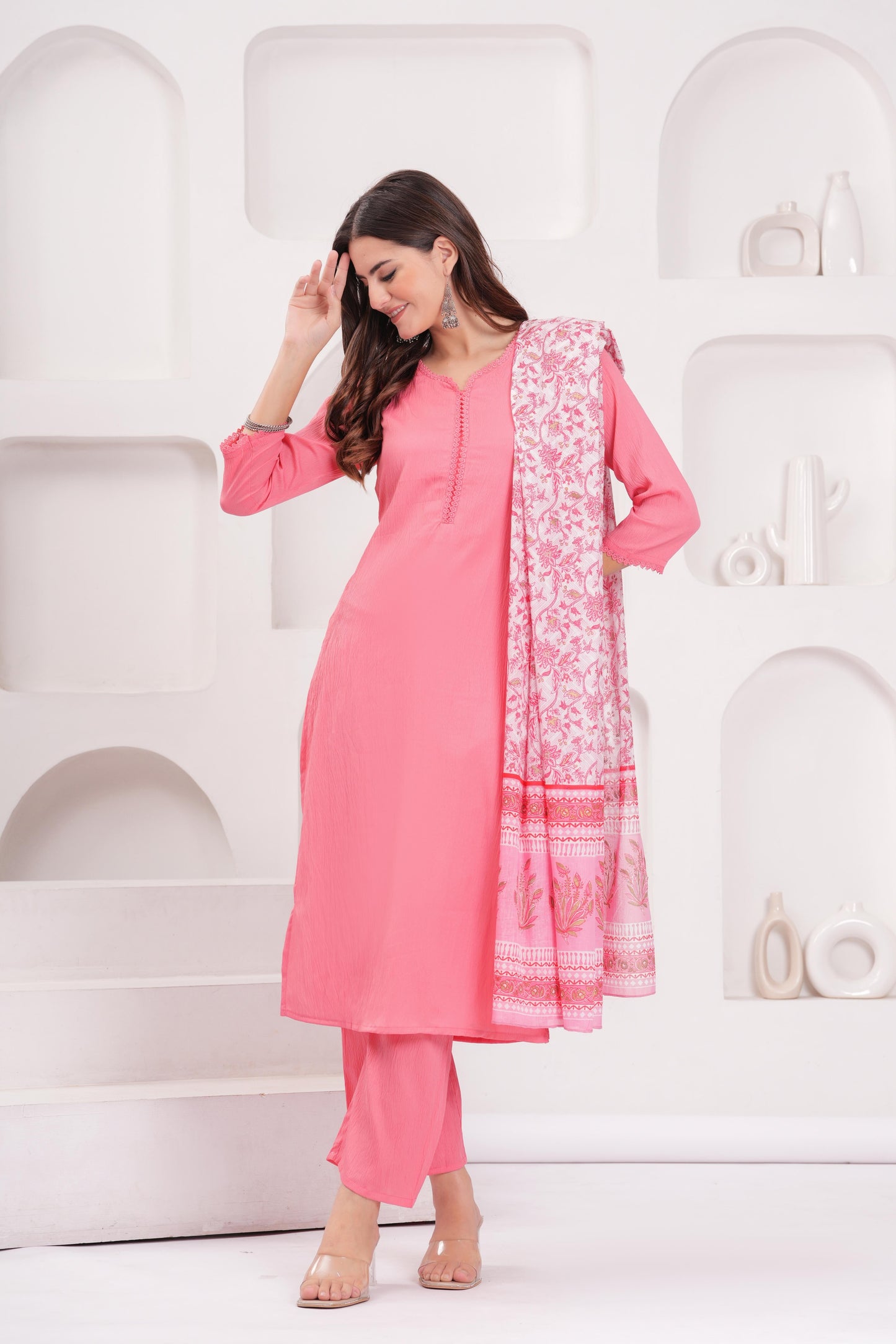 Pink Solid Kurta Set With Printed Dupatta