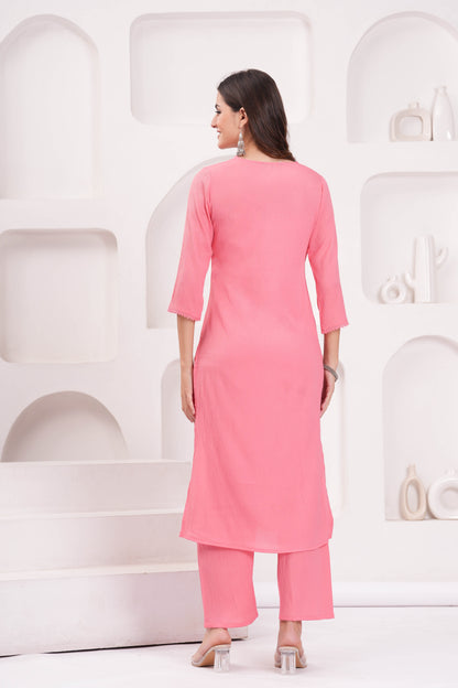 Pink Solid Kurta Set With Printed Dupatta