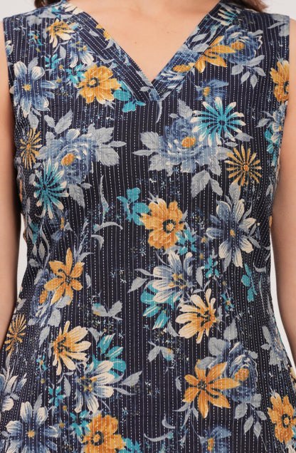 Navy Blue Printed Straight Sleeveless Kurta