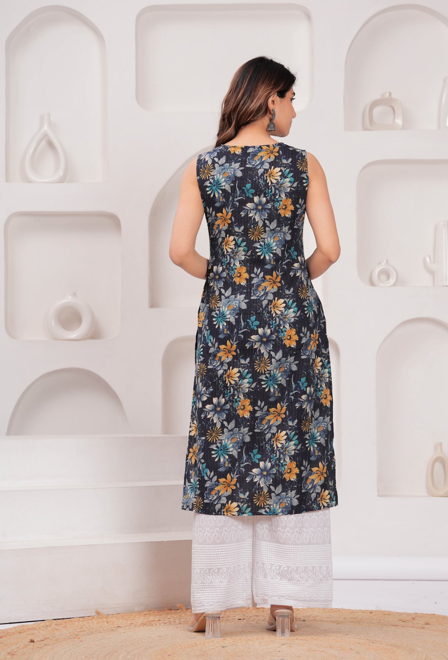 Navy Blue Printed Straight Sleeveless Kurta