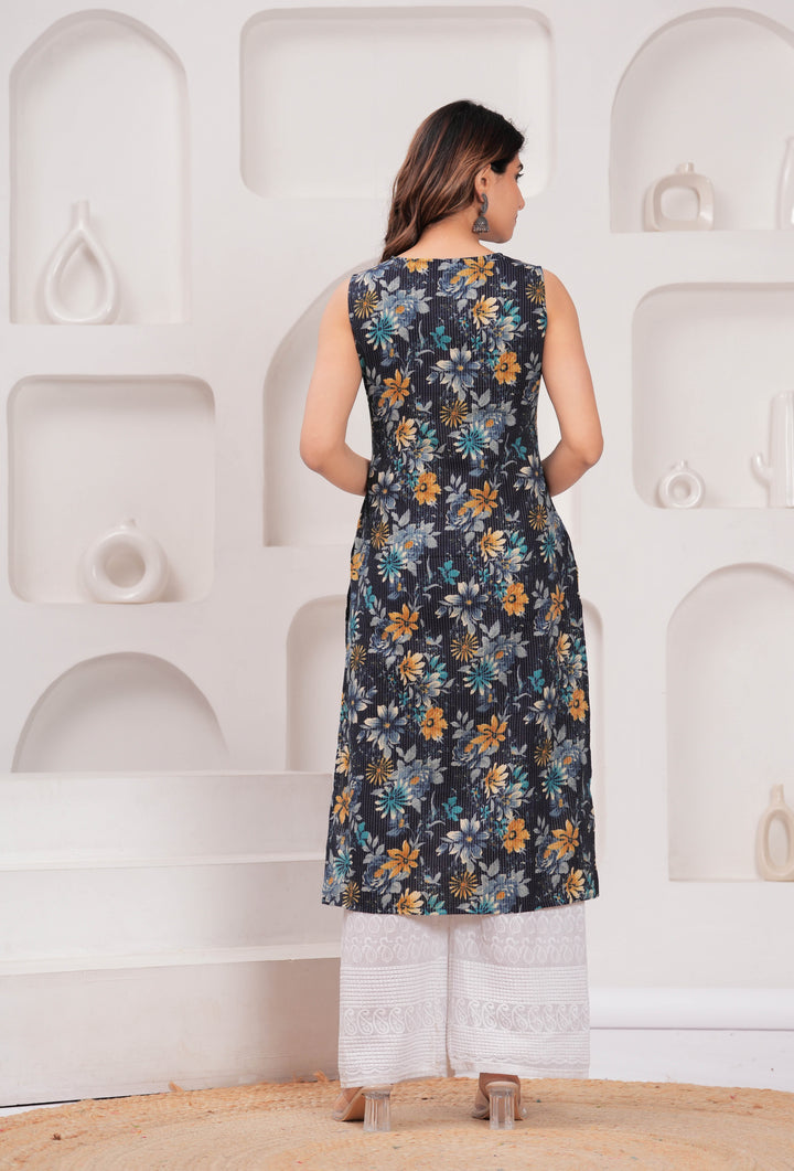 Navy Blue Printed Straight Sleeveless Kurta