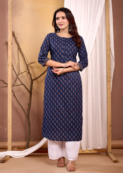 Navy Blue Printed Straight Kurta with Three Quarter Sleeves