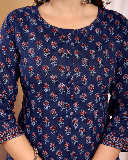 Navy Blue Printed Straight Kurta with Three Quarter Sleeves