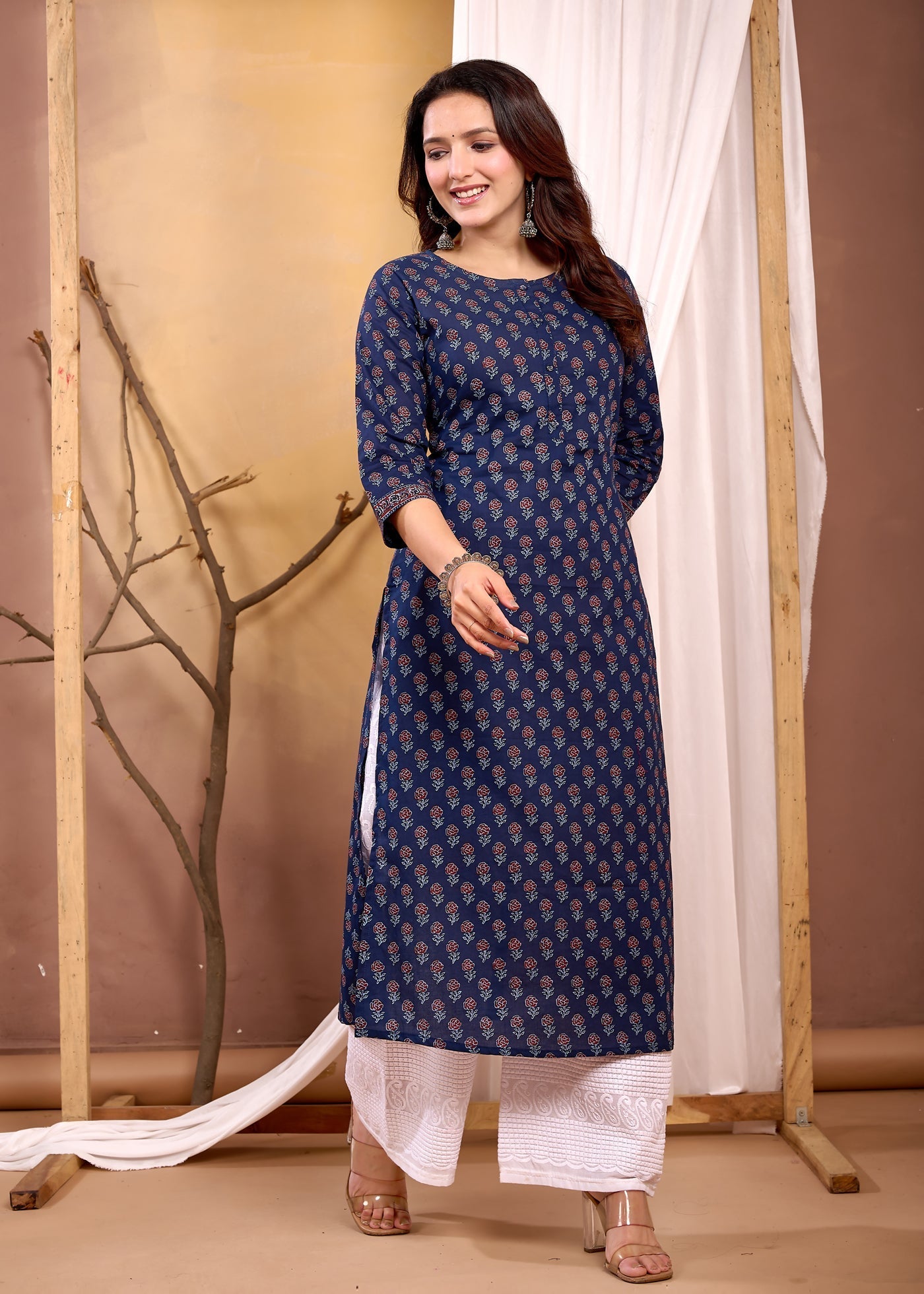 Navy Blue Printed Straight Kurta with Three Quarter Sleeves