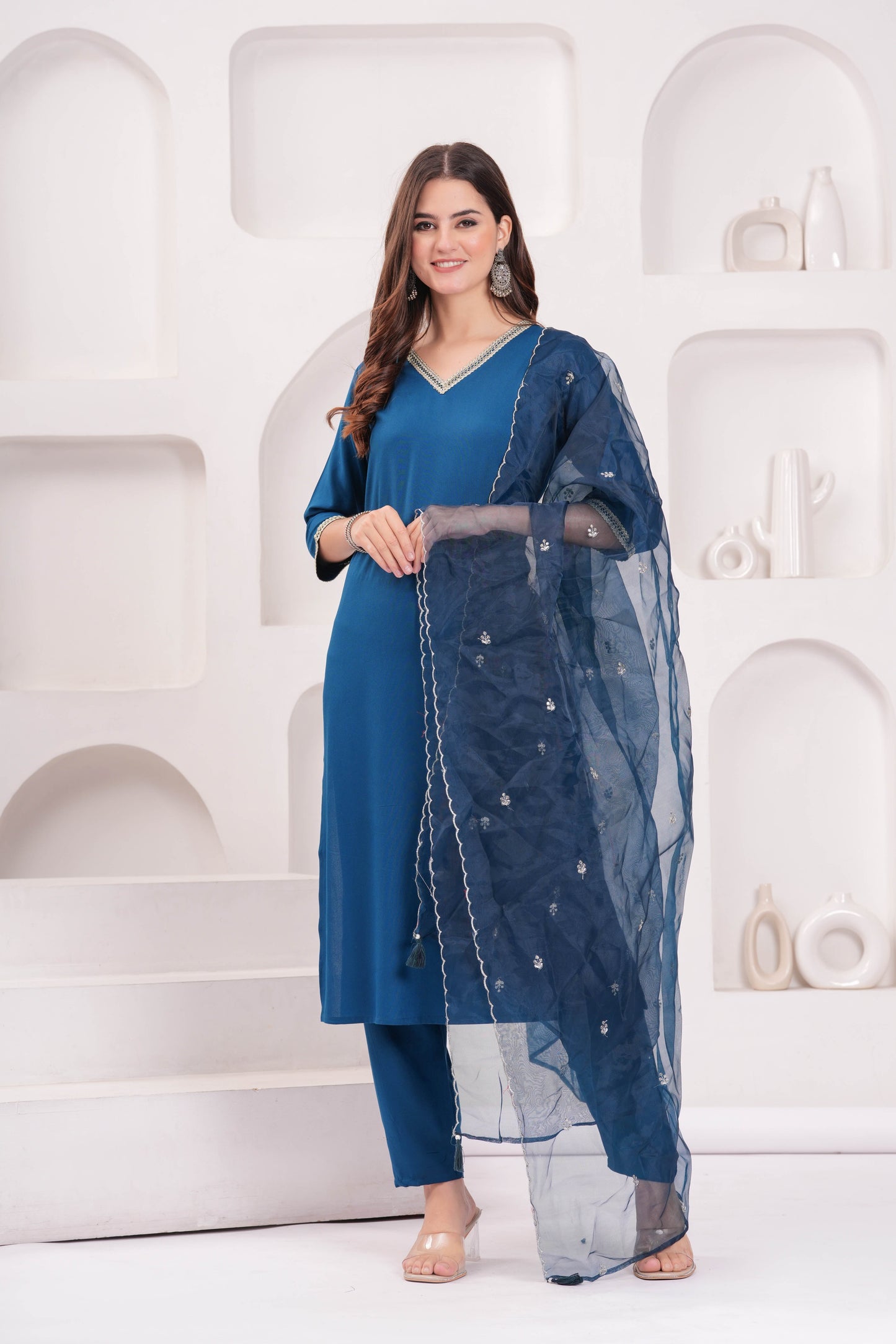 Teal Blue Solid Straight Kurta Set With Organza Dupatta