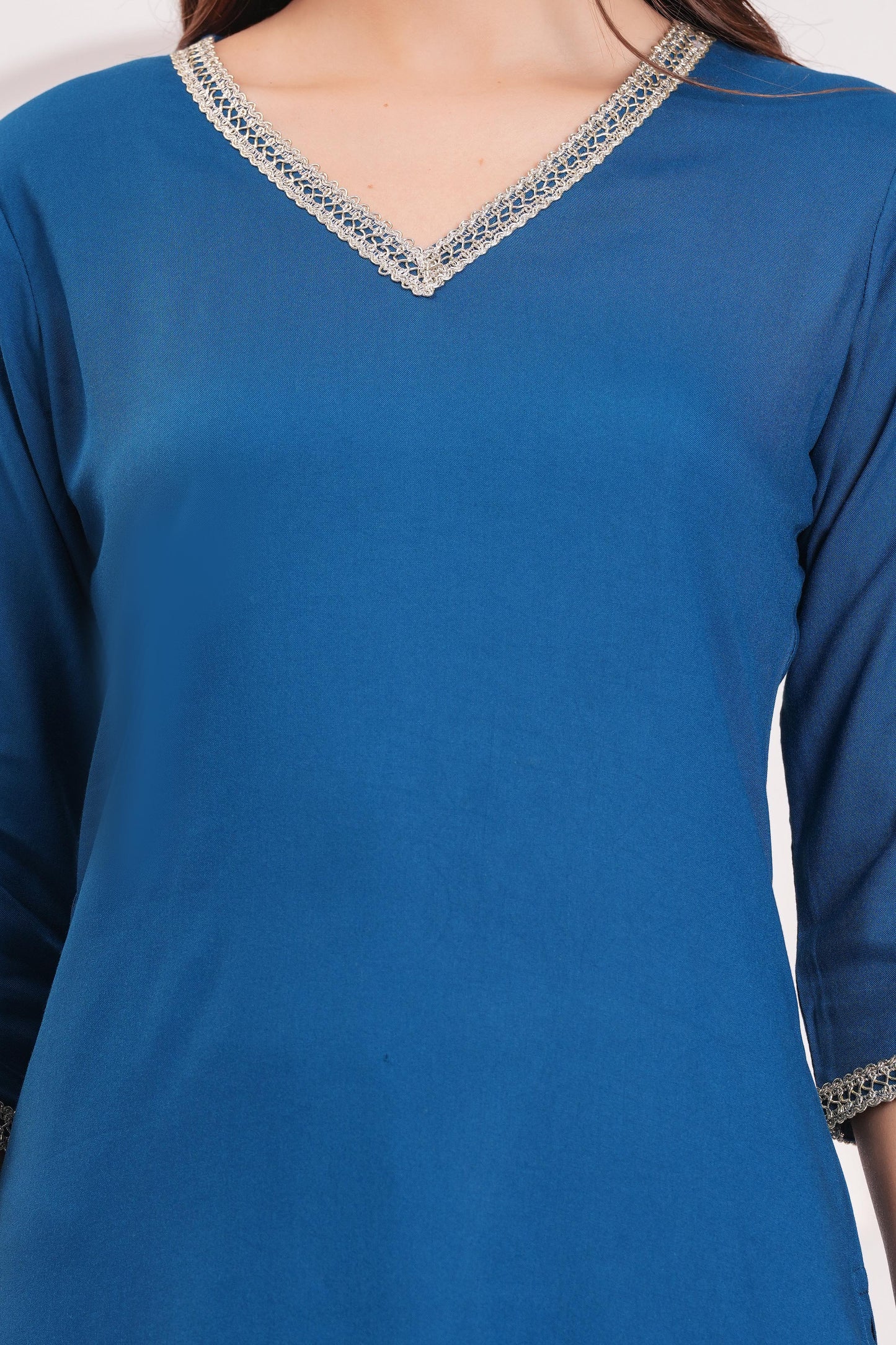 Teal Blue Solid Straight Kurta Set With Organza Dupatta