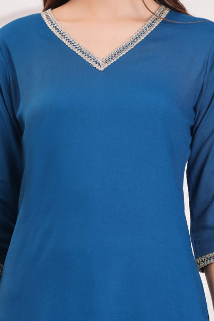 Teal Blue Solid Straight Kurta Set With Organza Dupatta