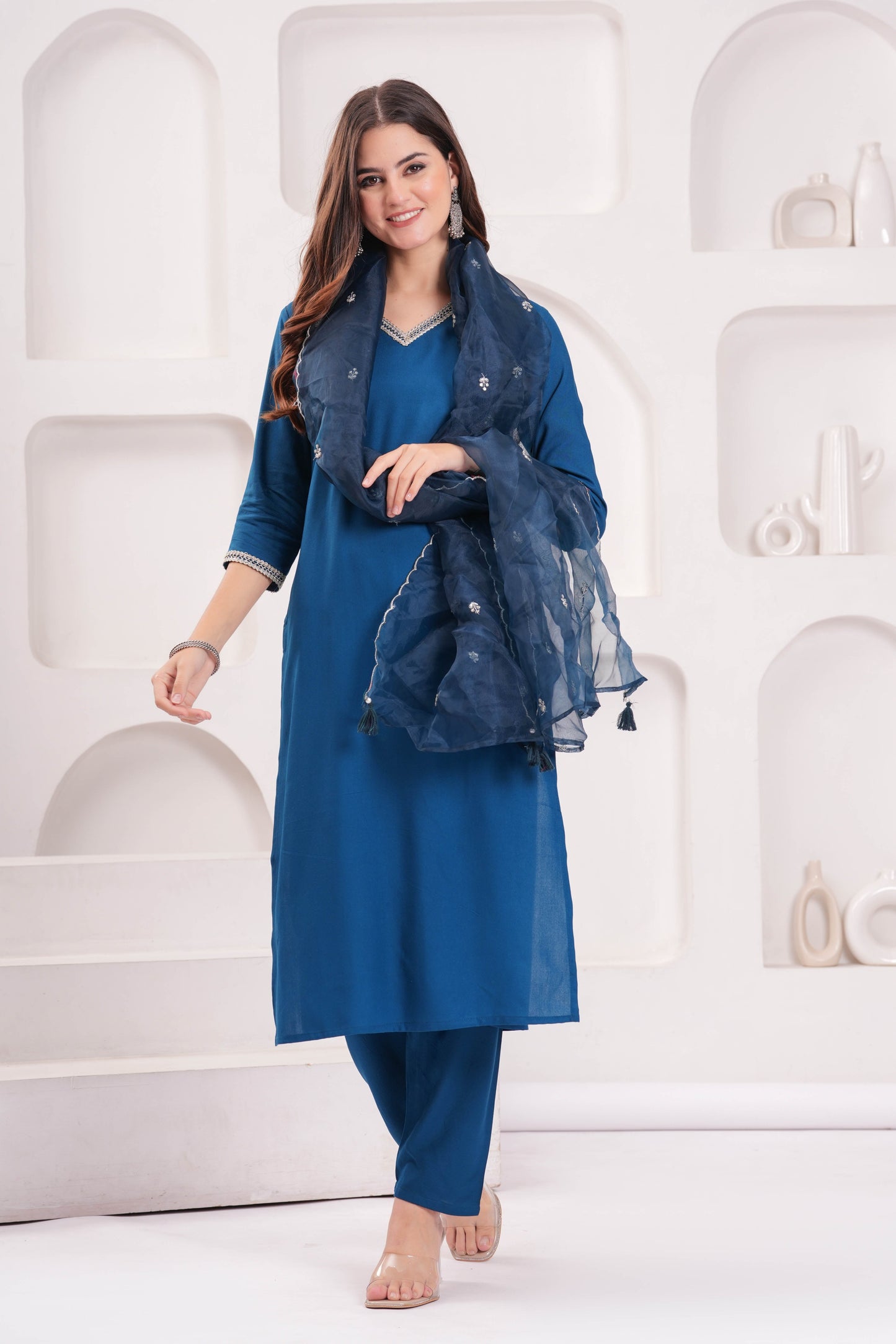 Teal Blue Solid Straight Kurta Set With Organza Dupatta